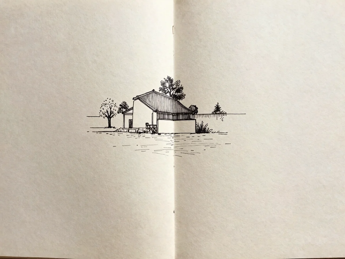 Close view of two facing pages of an illustrated book, pencil and ink marks across the gutter, ivory paper texture, soft