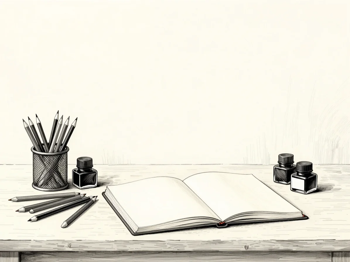 Wide ivory studio table with pencils, ink bottles, and a open ske