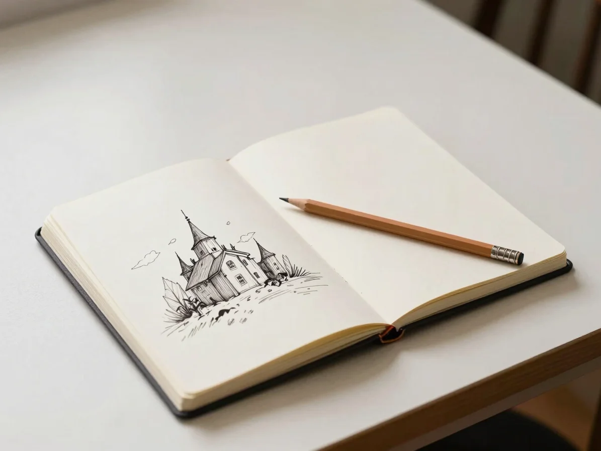 Close view of an open sketchbook on an ivory table, fine ink line
