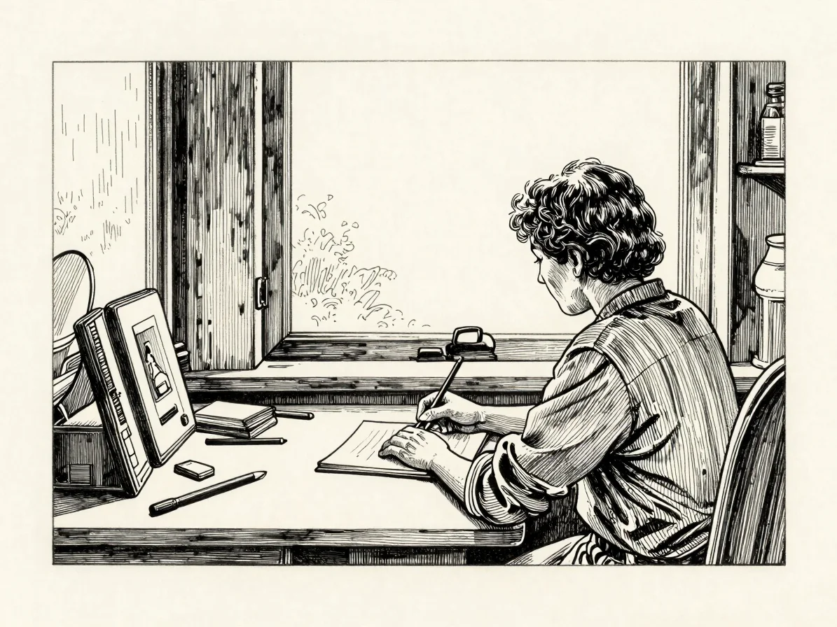 Close detail of a pen-and-ink illustration showing a figure at a