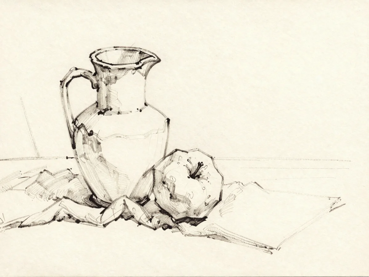 Fine ink contour study of a simple still life, a jug and a fruit,