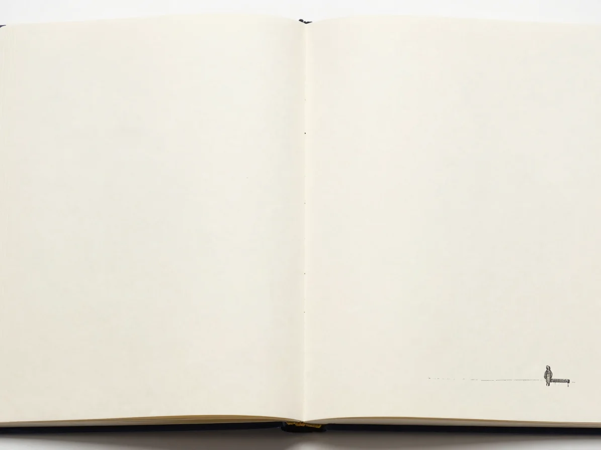 Wide horizontal view of an open illustrated book spread on ivory